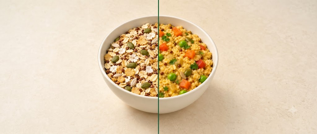 A bowl of everyday food beside a bowl made with Right Shift